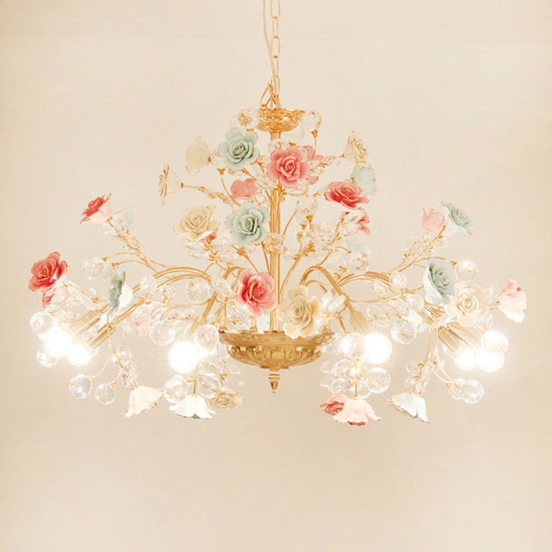 MEEROSEE French Ceramic Flower Chandelier European Crystal Light MD98053-L10