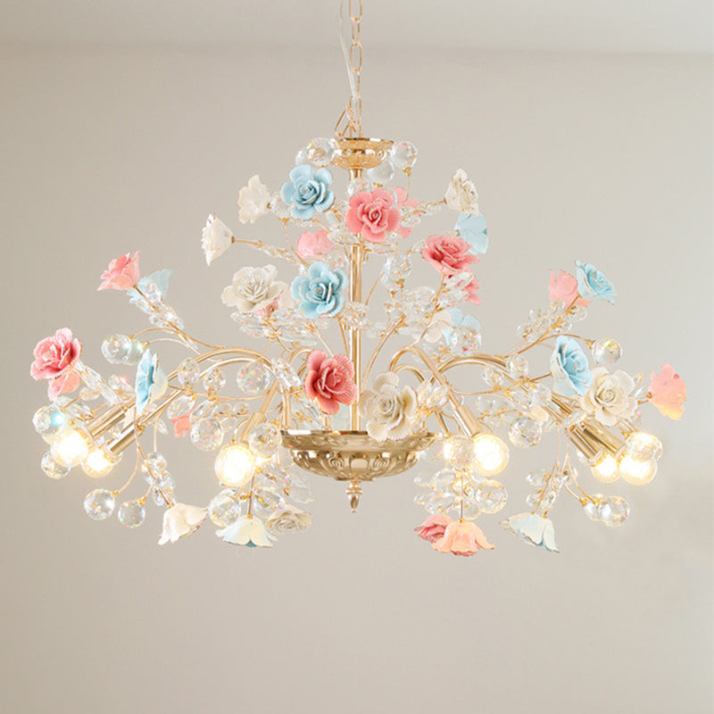 MEEROSEE French Ceramic Flower Chandelier European Crystal Light MD98053-L10