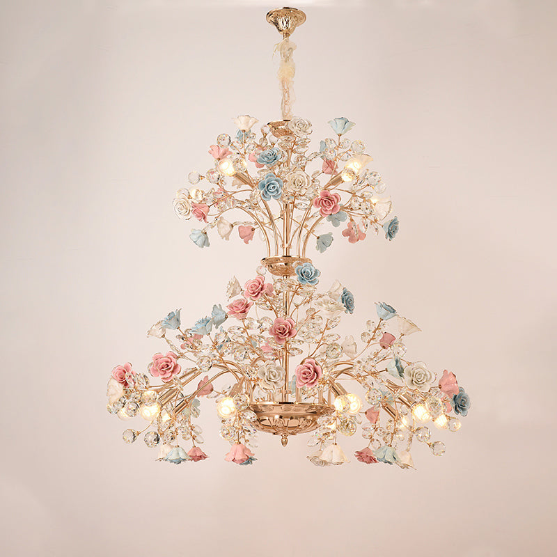 MEEROSEE French Ceramic Flower Chandelier European Crystal Light MD98053-L12/L15