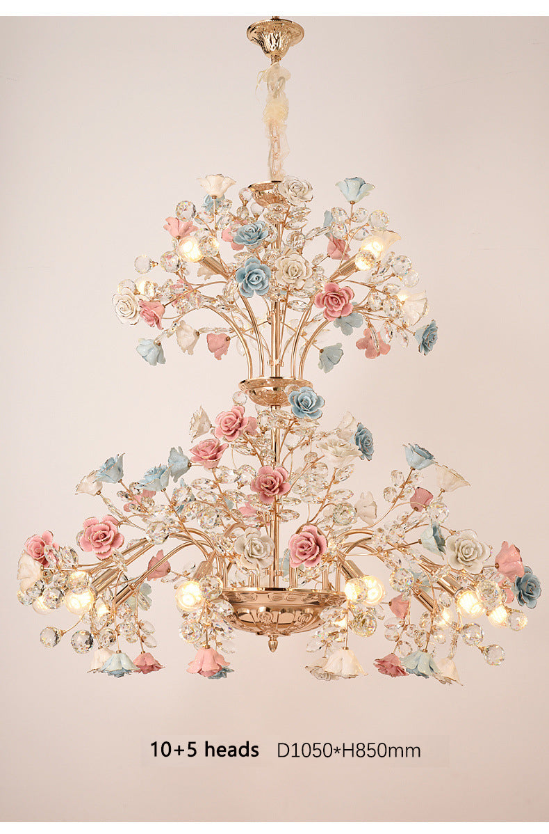 MEEROSEE French Ceramic Flower Chandelier European Crystal Light MD98053-L12/L15
