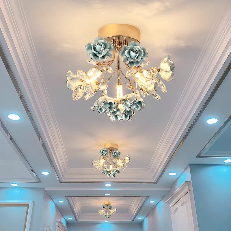 MEEROSEE Luxury Colored Chandelier Lights Decorative French Flower Ceramic Rose Chandelier for Aisle Corridor MD98053-ceiling wall