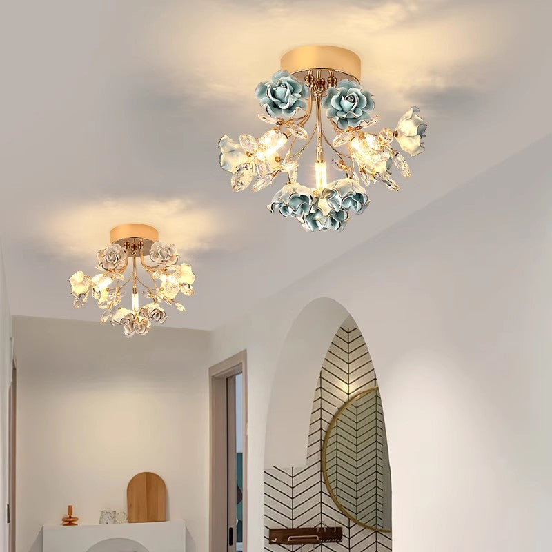 MEEROSEE Luxury Colored Chandelier Lights Decorative French Flower Ceramic Rose Chandelier for Aisle Corridor MD98053-ceiling wall