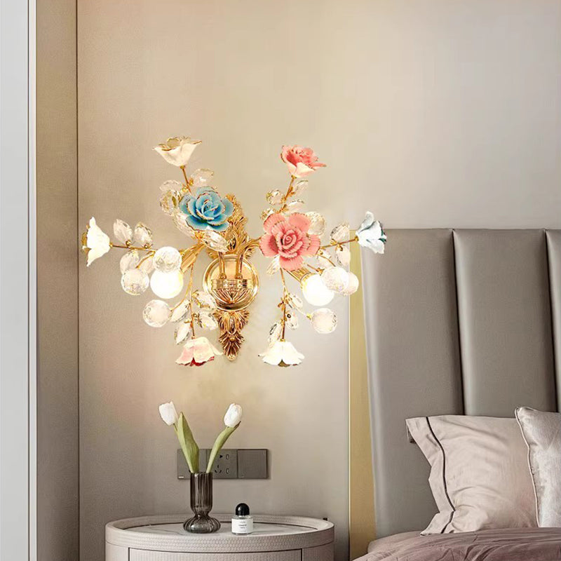 Modern Luxury Crystal Wall Lamp Creativity Ceramics Flower Bedroom Bedside Light MD98053-L2