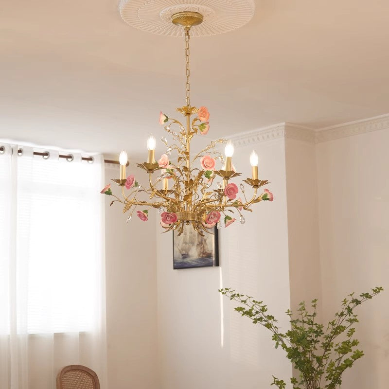 MEEROSEE French Ceramic Flower Chandelier European Crystal Light MD98054