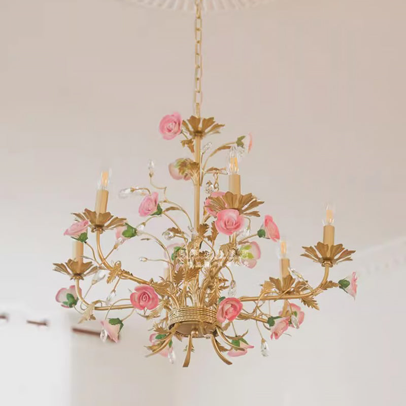 MEEROSEE French Ceramic Flower Chandelier European Crystal Light MD98054