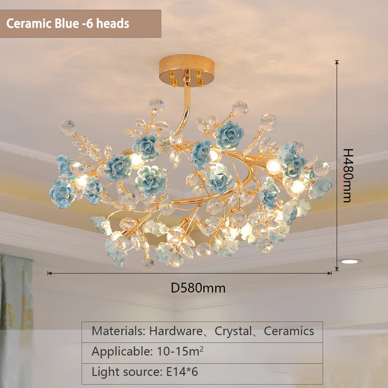 MEEROSEE French Ceramic Flower Chandelier European Crystal Light MD98055-L6