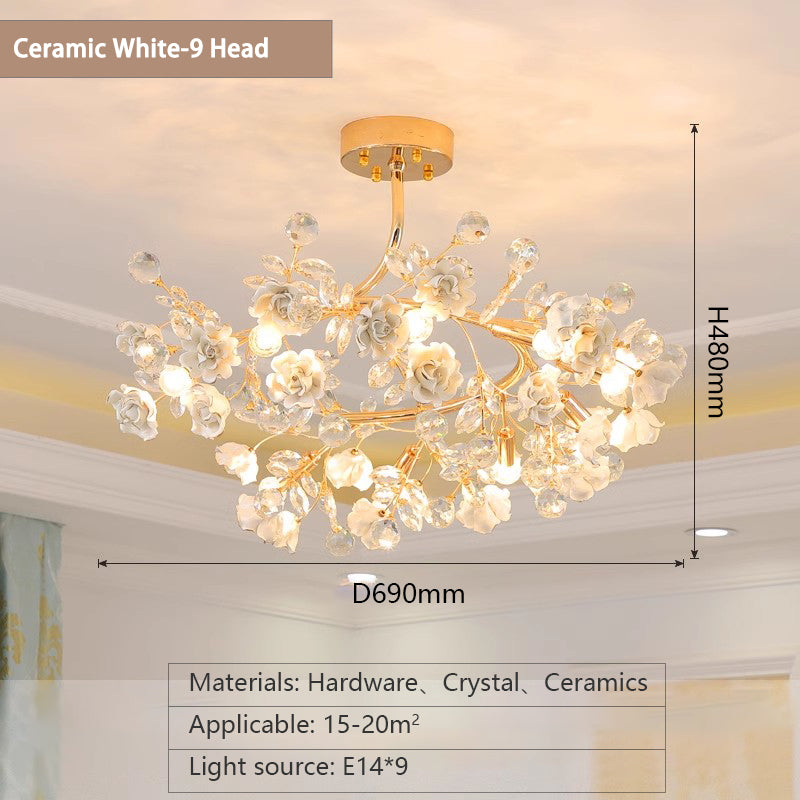 MEEROSEE French Ceramic Flower Chandelier European Crystal Light MD98055-L9
