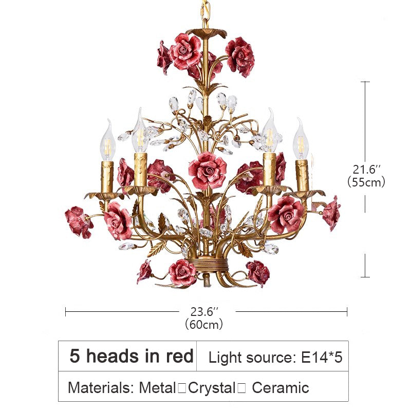 MEEROSEE French Ceramic Flower Chandelier European Crystal Light MD98056