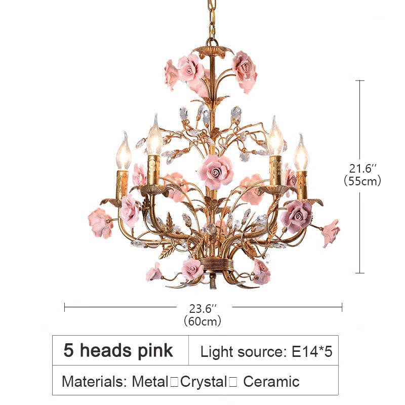 MEEROSEE French Ceramic Flower Chandelier European Crystal Light MD98056