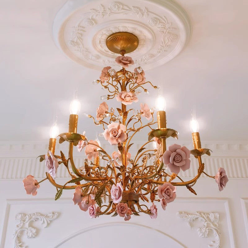 MEEROSEE French Ceramic Flower Chandelier European Crystal Light MD98056