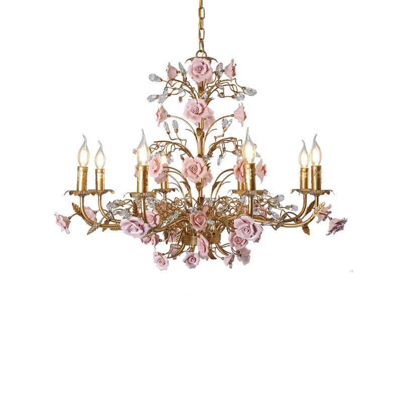 MEEROSEE French Ceramic Flower Chandelier European Crystal Light MD98056
