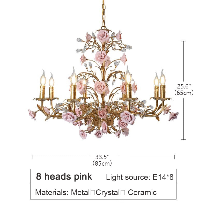 MEEROSEE French Ceramic Flower Chandelier European Crystal Light MD98056