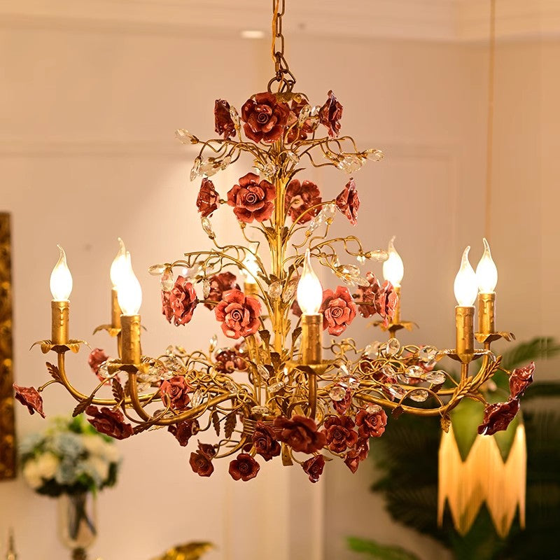 MEEROSEE French Ceramic Flower Chandelier European Crystal Light MD98056