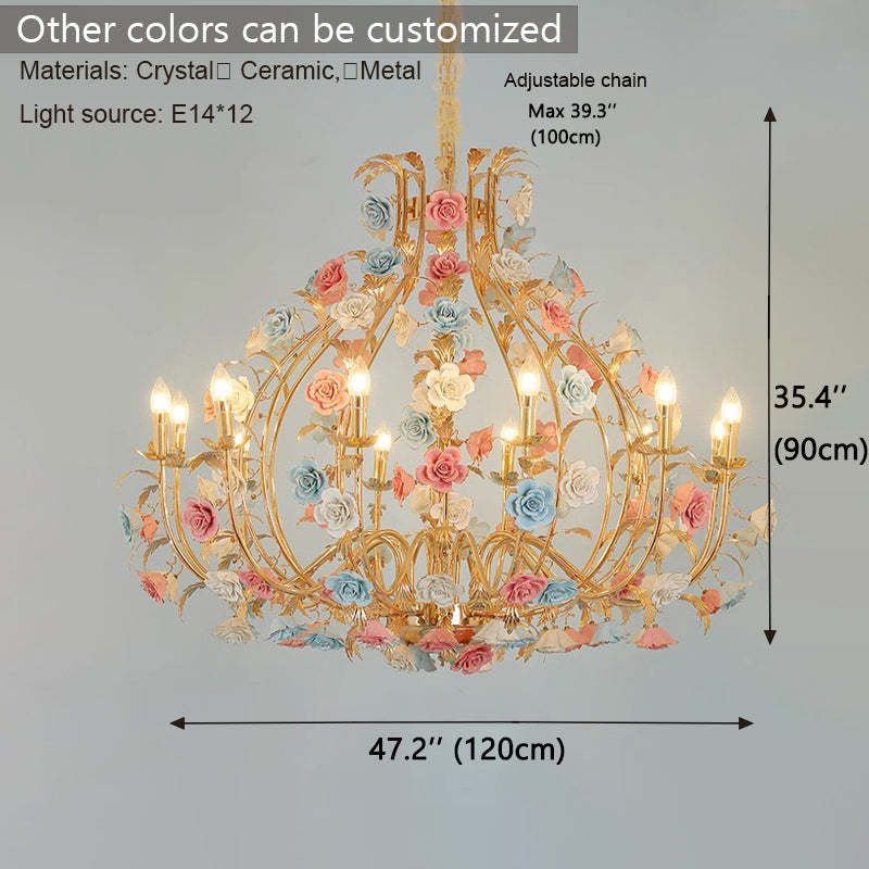 MEEROSEE French Ceramic Flower Chandelier European Crystal Light MD98058