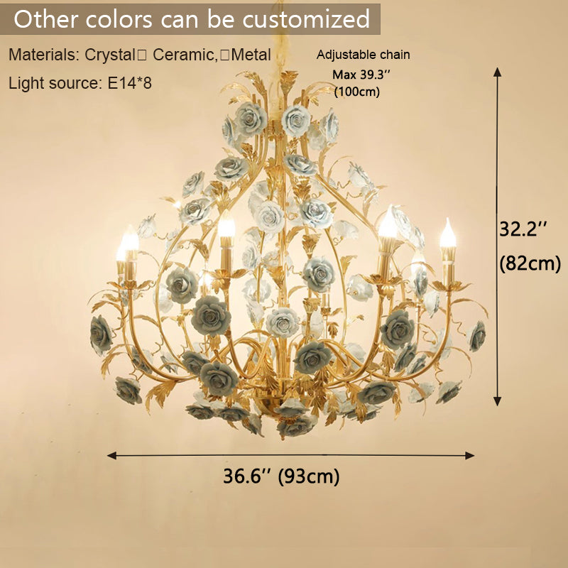 MEEROSEE French Ceramic Flower Chandelier European Crystal Light MD98058