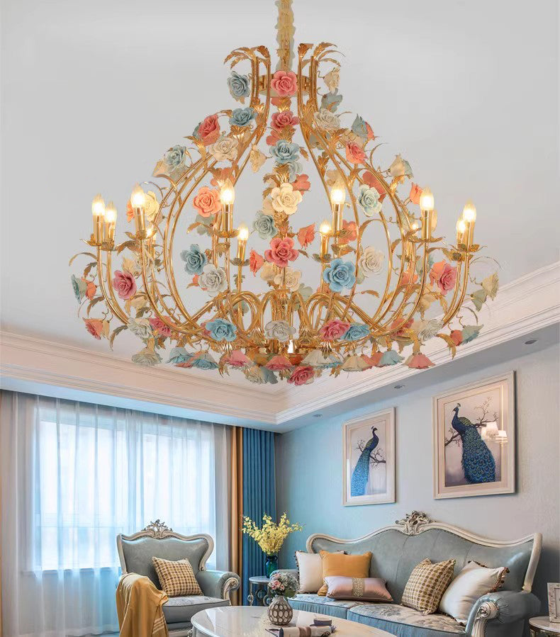 MEEROSEE French Ceramic Flower Chandelier European Crystal Light MD98058