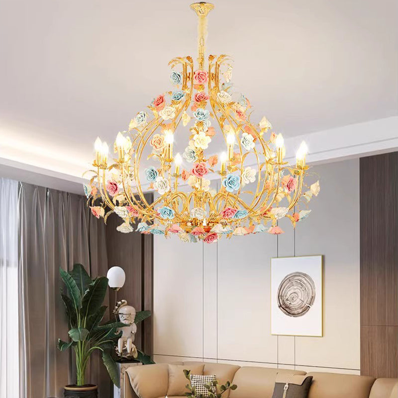 MEEROSEE French Ceramic Flower Chandelier European Crystal Light MD98058