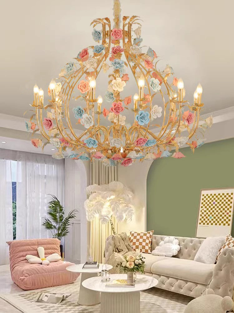 MEEROSEE French Ceramic Flower Chandelier European Crystal Light MD98058