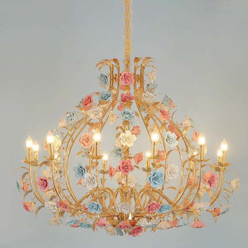 MEEROSEE French Ceramic Flower Chandelier European Crystal Light MD98058