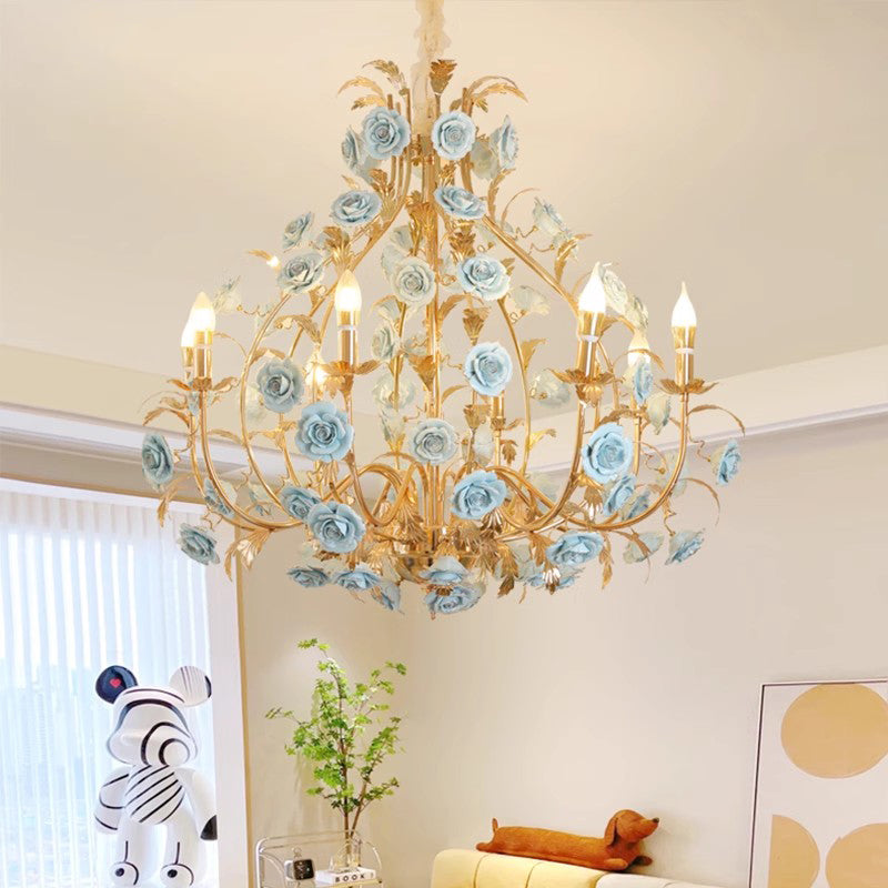 MEEROSEE French Ceramic Flower Chandelier European Crystal Light MD98058