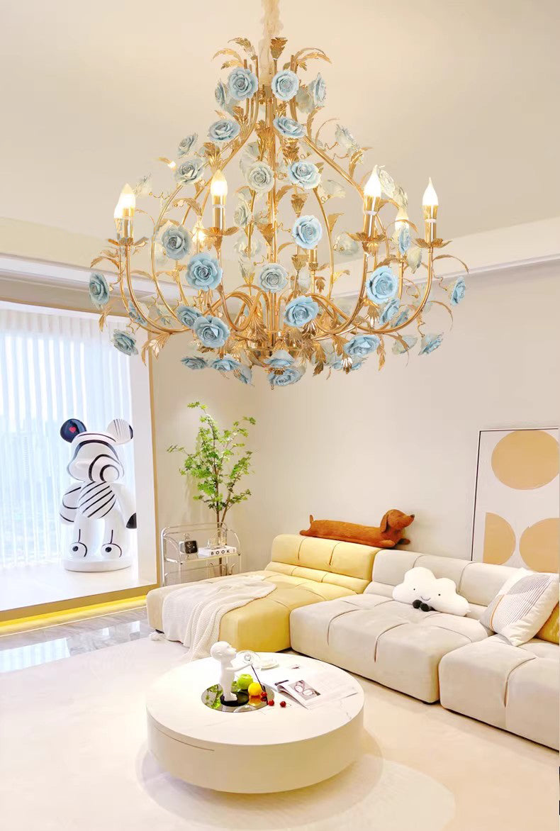 MEEROSEE French Ceramic Flower Chandelier European Crystal Light MD98058