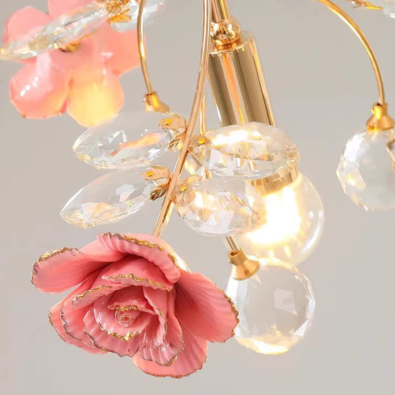 MEEROSEE French Ceramic Flower Chandelier European Crystal Light MD98058