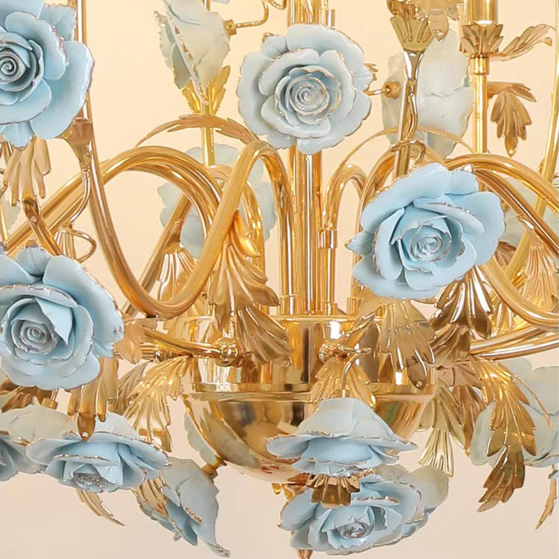 MEEROSEE French Ceramic Flower Chandelier European Crystal Light MD98058