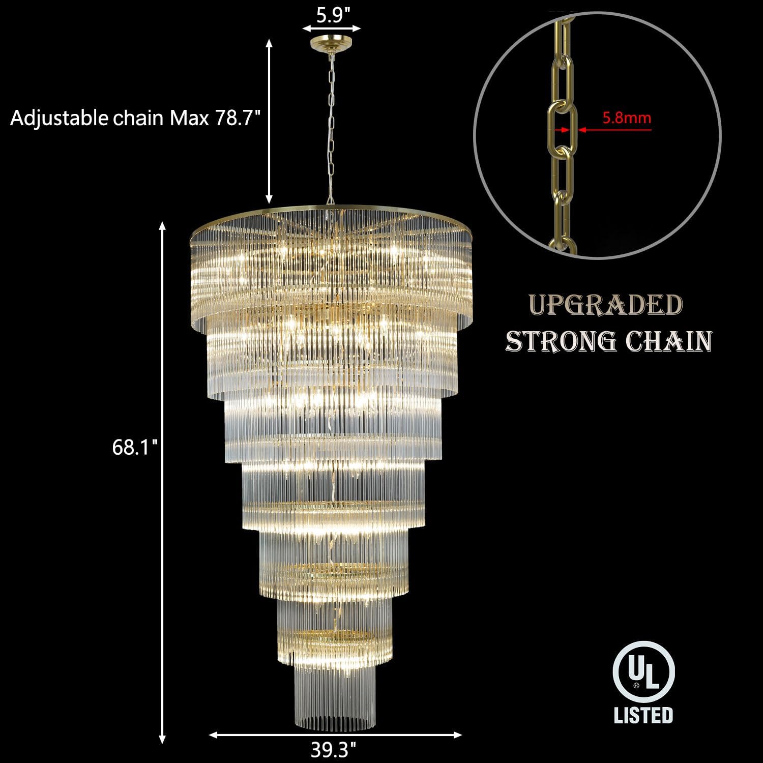 Large Gold Chandeliers Modern High Ceiling Pendant Glass 7-Tier Foyer Entryway Lighting