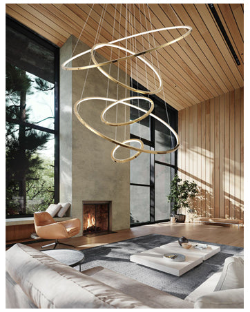 Modern Led Gold Chandelier for High Ceiling Entrance 6 Ring Dimmable 47.2 inch