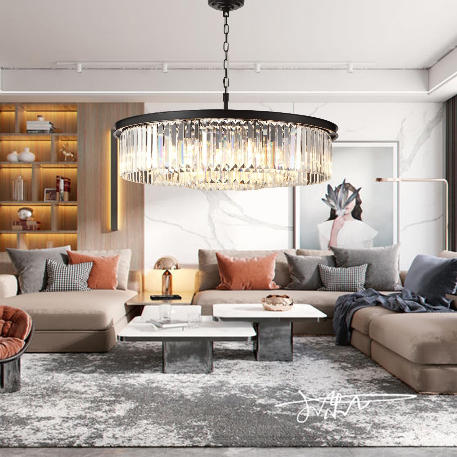 Meerosee Black 3-Tier Crystal Chandelier Light Modern Luxury Pendant Ceiling Lamp