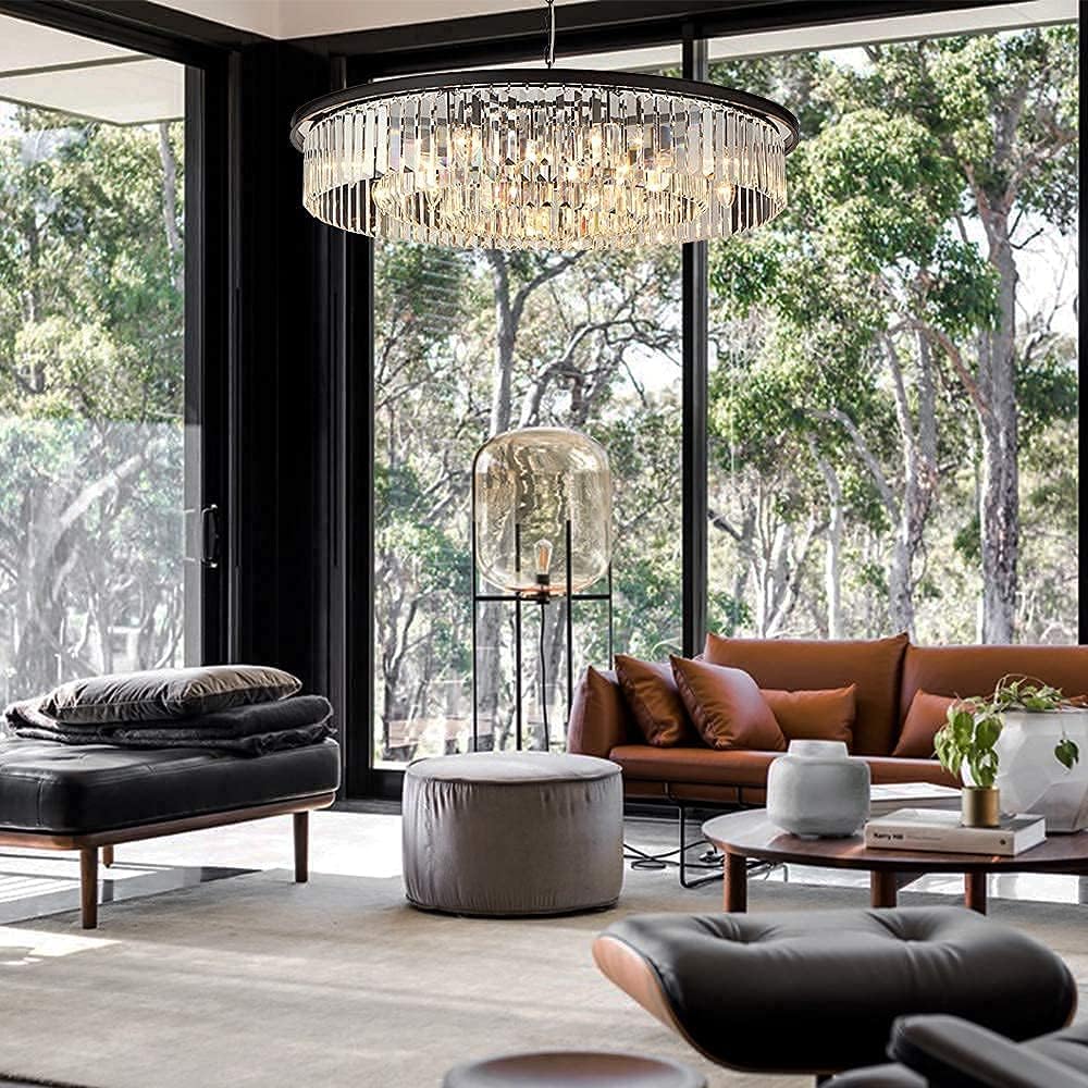 Meerosee Black 3-Tier Crystal Chandelier Light Modern Luxury Pendant Ceiling Lamp