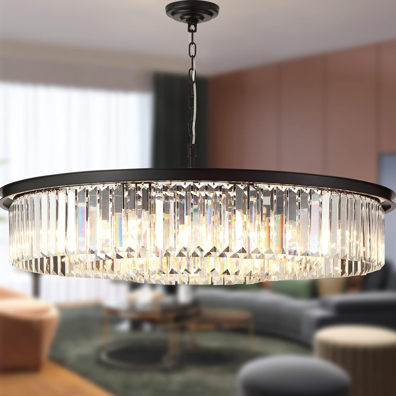 Meerosee Black 3-Tier Crystal Chandelier Light Modern Luxury Pendant Ceiling Lamp