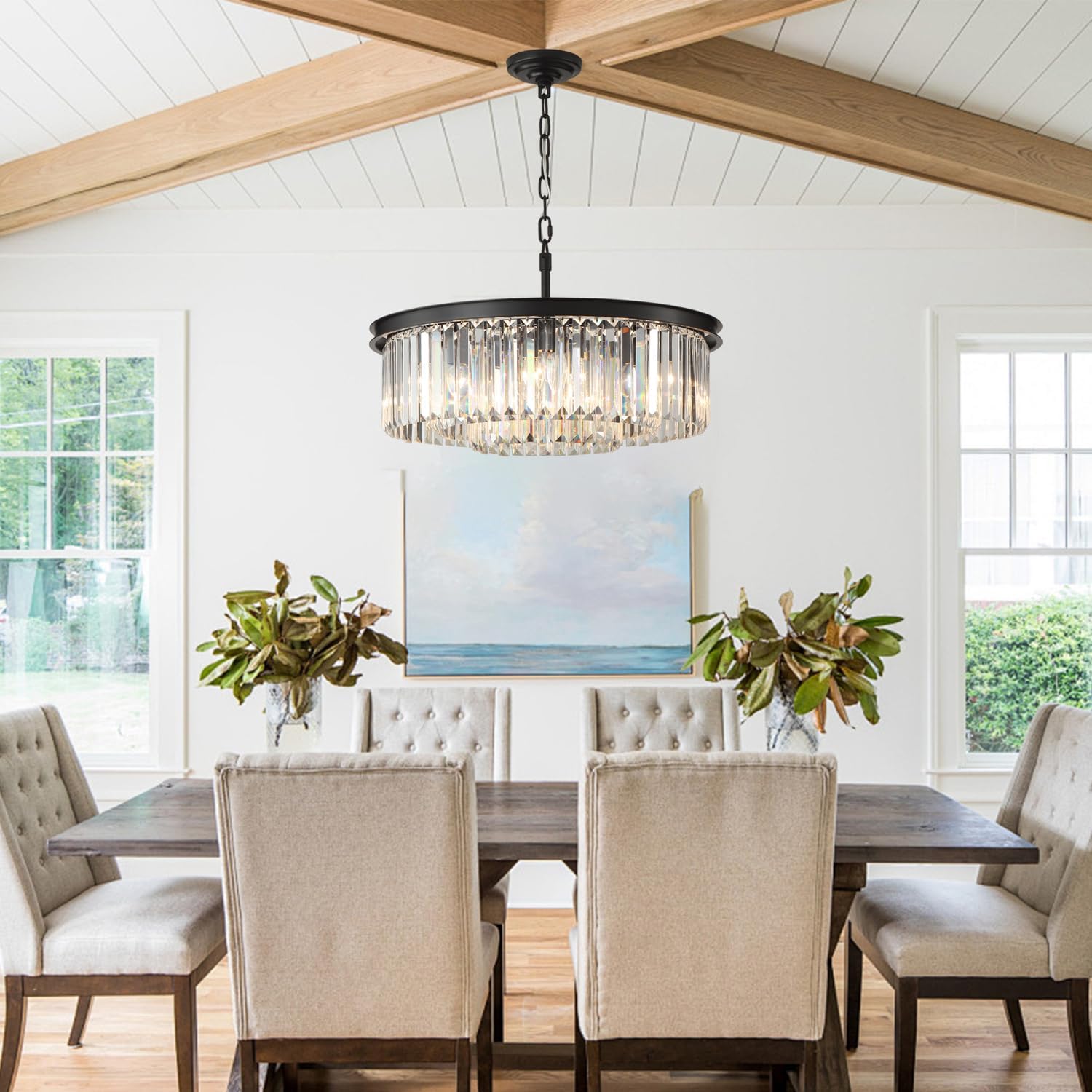 Meerosee Black 3-Tier Crystal Chandelier Light Modern Luxury Pendant Ceiling Lamp