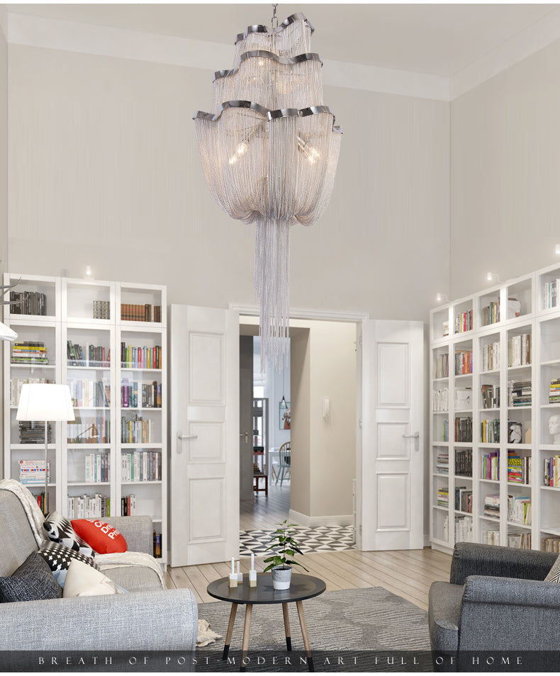 Meerosee Modern Chandelier Light Silver Aluminum Chain French Pendant Lamp D31.5''