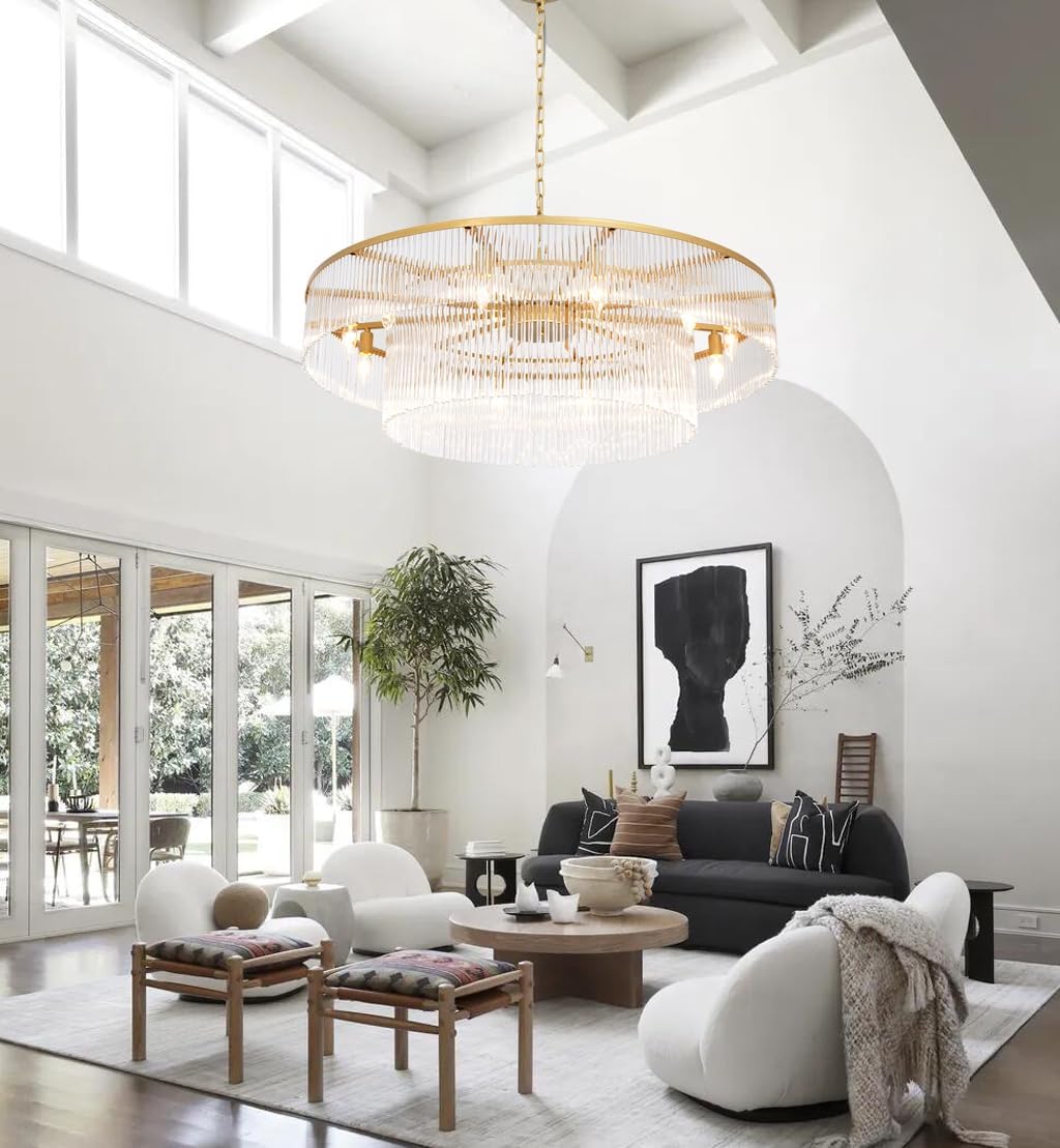 Modern Gold Chandeliers Light 2 Tier Round Crystal Glass Pendant Lamp High Ceiling for Foyer