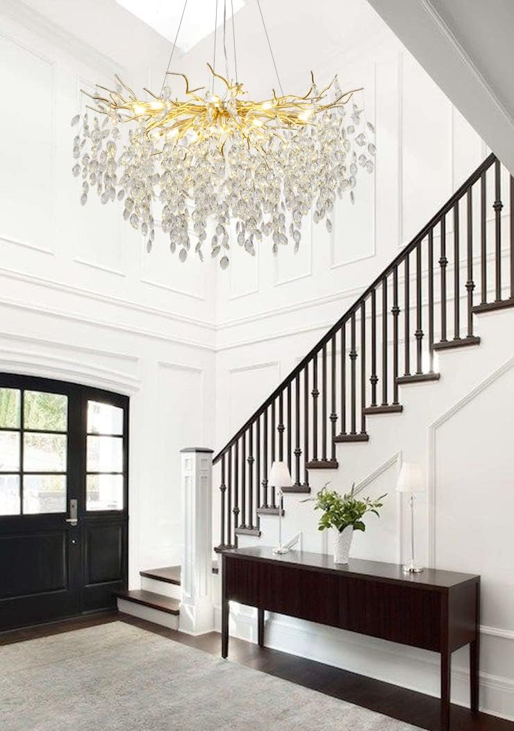 Meerosee Gold Crystal Chandelier Modern Pendant High Ceiling Luxury Foyer Entryway Lamp