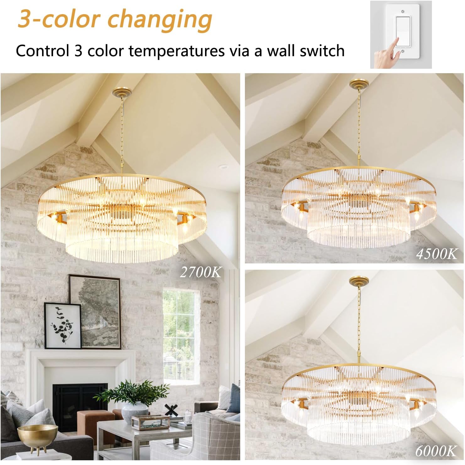 Modern Gold Chandeliers Light 2 Tier Round Crystal Glass Pendant Lamp High Ceiling for Foyer