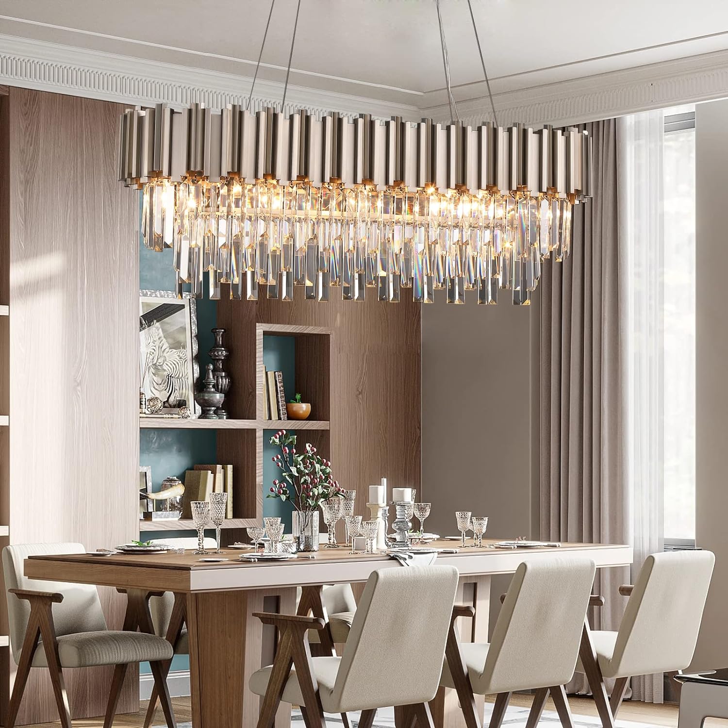 Nickel Rectangle Crystal Chandelier for Dining Room Modern Luxury Pendant Light