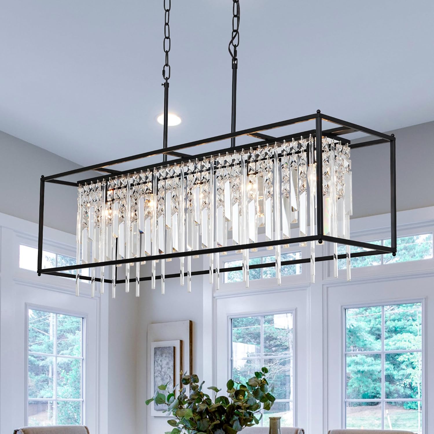 Modern Rectangular Crystal Chandelier Gold/Black Pendant Lights Fixture for Kitchen