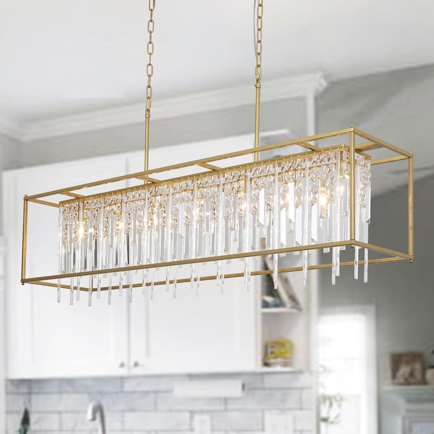 Modern Rectangular Crystal Chandelier Gold/Black Pendant Lights Fixture for Kitchen