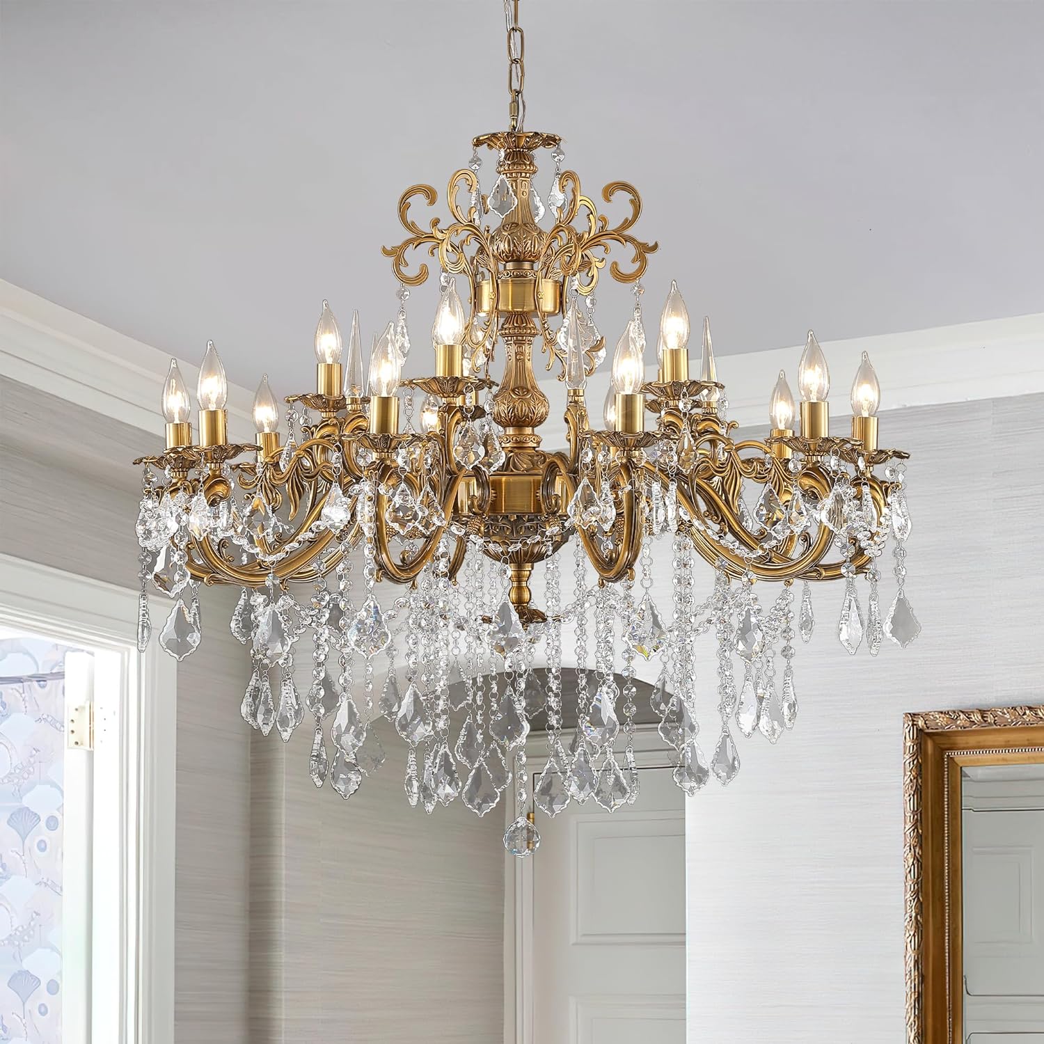 Meerosee Crystal Chandeliers Antique Gold Farmhouse Pendant Light for Foyer Entry Way