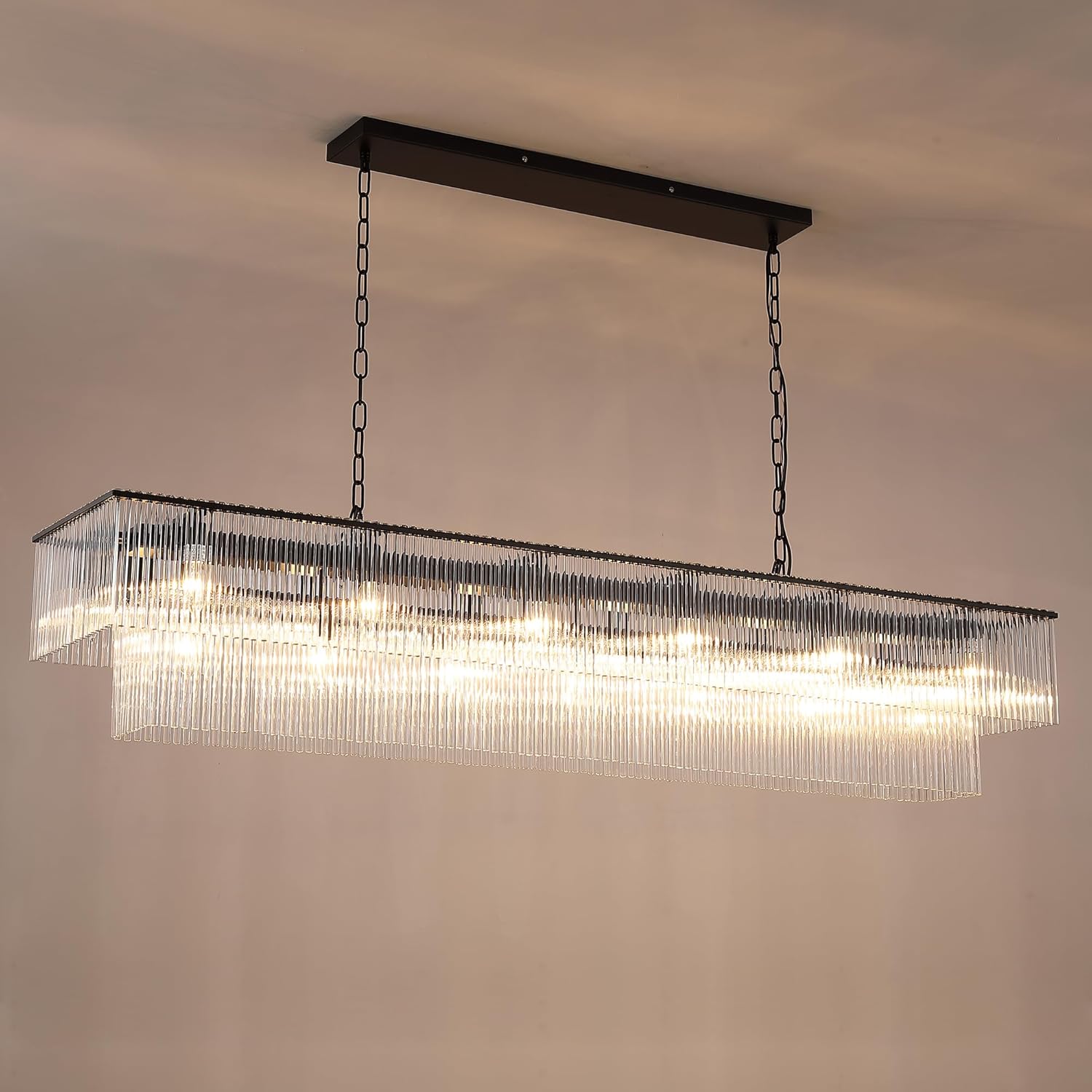 Modern Rectangle Crystal Gold Chandelier Light Black Dining Room Kitchen Pendant Lamp