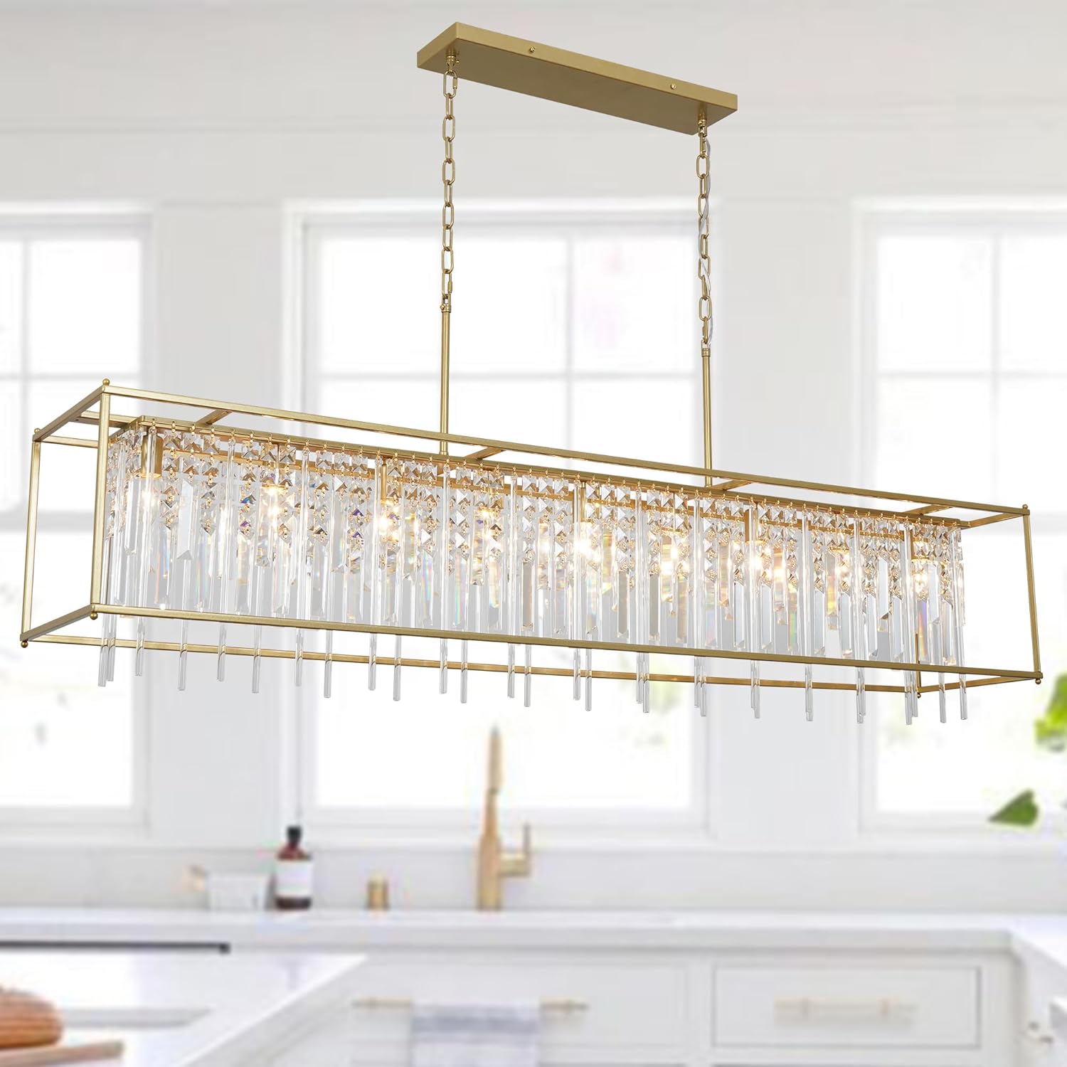 Modern Rectangular Crystal Chandelier Gold/Black Pendant Lights Fixture for Kitchen