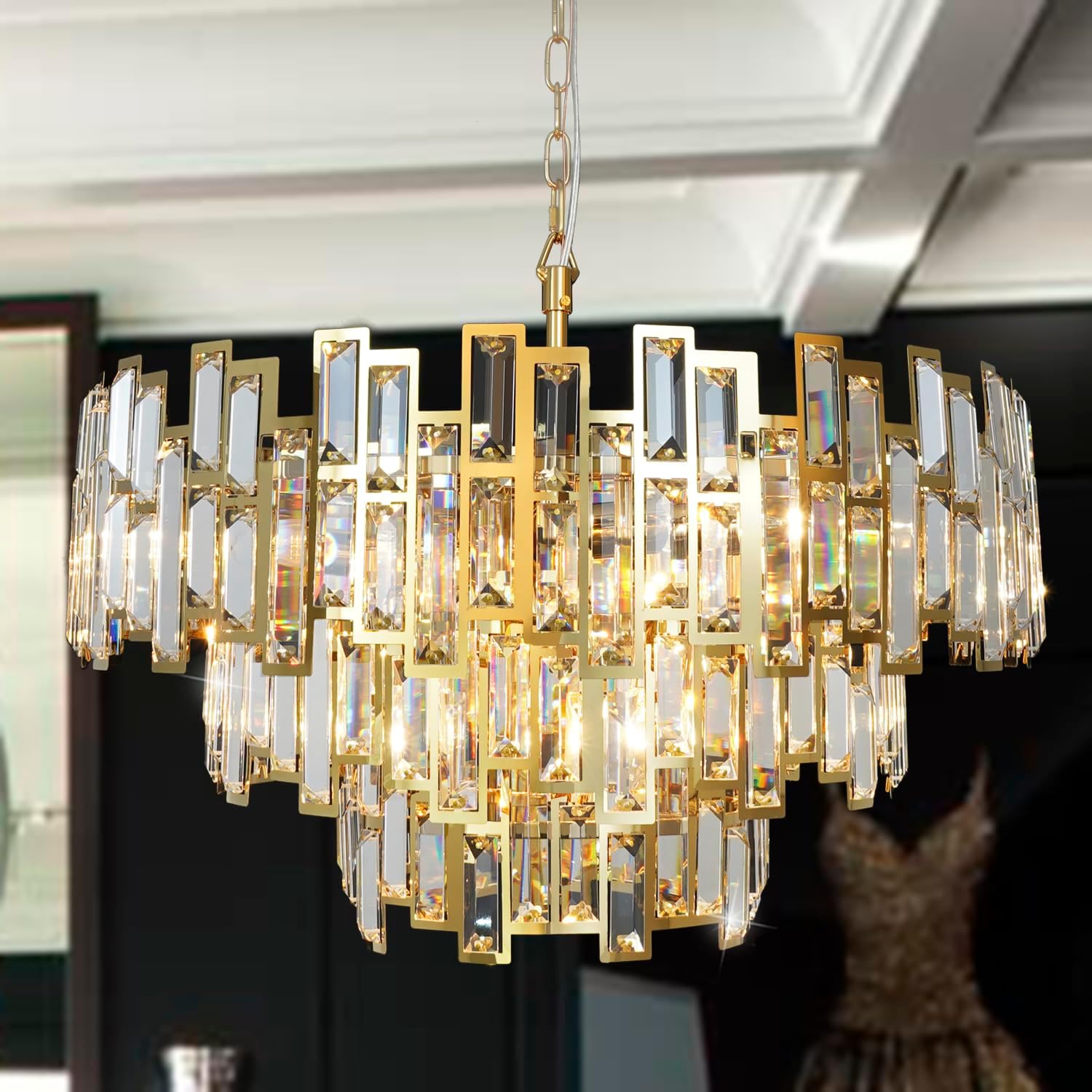 Gold Crystal Chandelier Lighting Modern Ceiling Hanging Pendant Lamp D17.7/24.4/38.5''