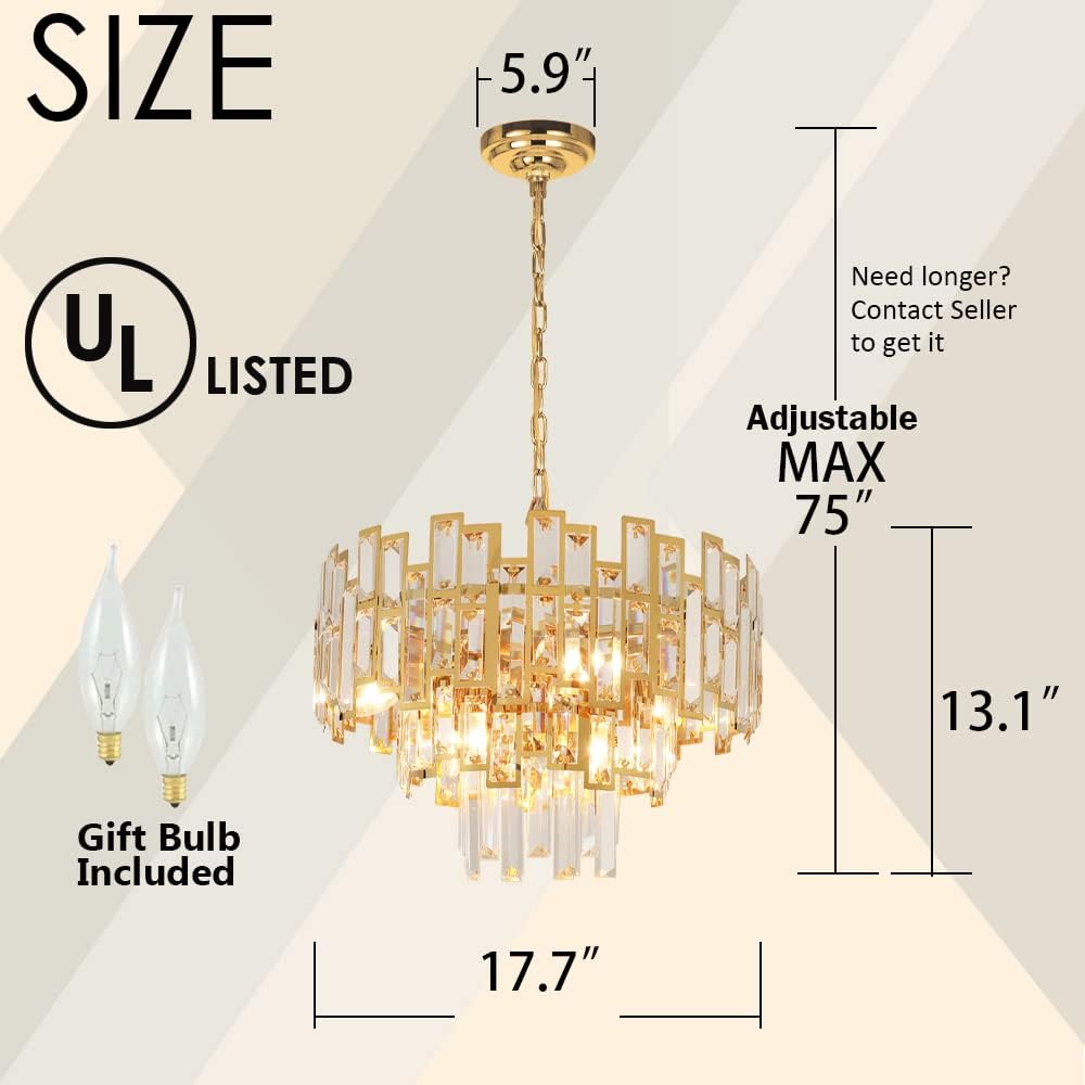 Gold Crystal Chandelier Lighting Modern Ceiling Hanging Pendant Lamp D17.7/24.4/38.5''