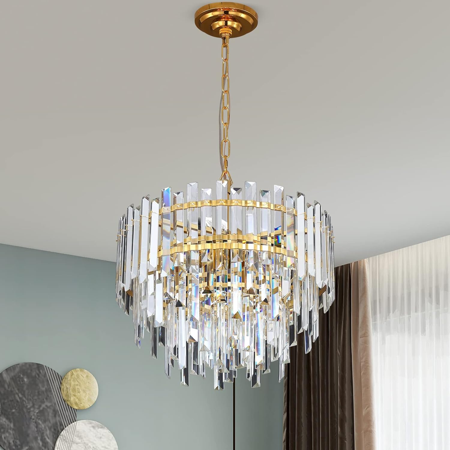 Meerosee Gold Copper Crystal Chandelier Lighting Foyer Entryway Ceiling Hanging Pendant Lamp