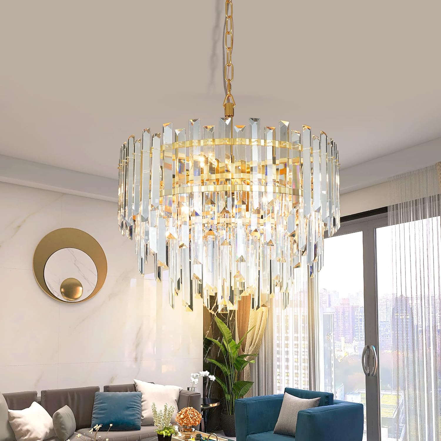 Meerosee Gold Copper Crystal Chandelier Lighting Foyer Entryway Ceiling Hanging Pendant Lamp