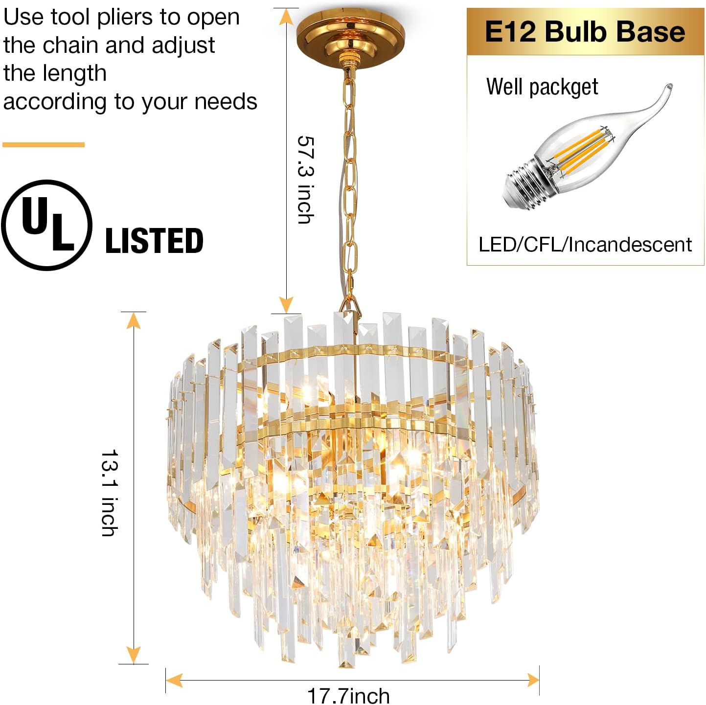 Meerosee Gold Copper Crystal Chandelier Lighting Foyer Entryway Ceiling Hanging Pendant Lamp