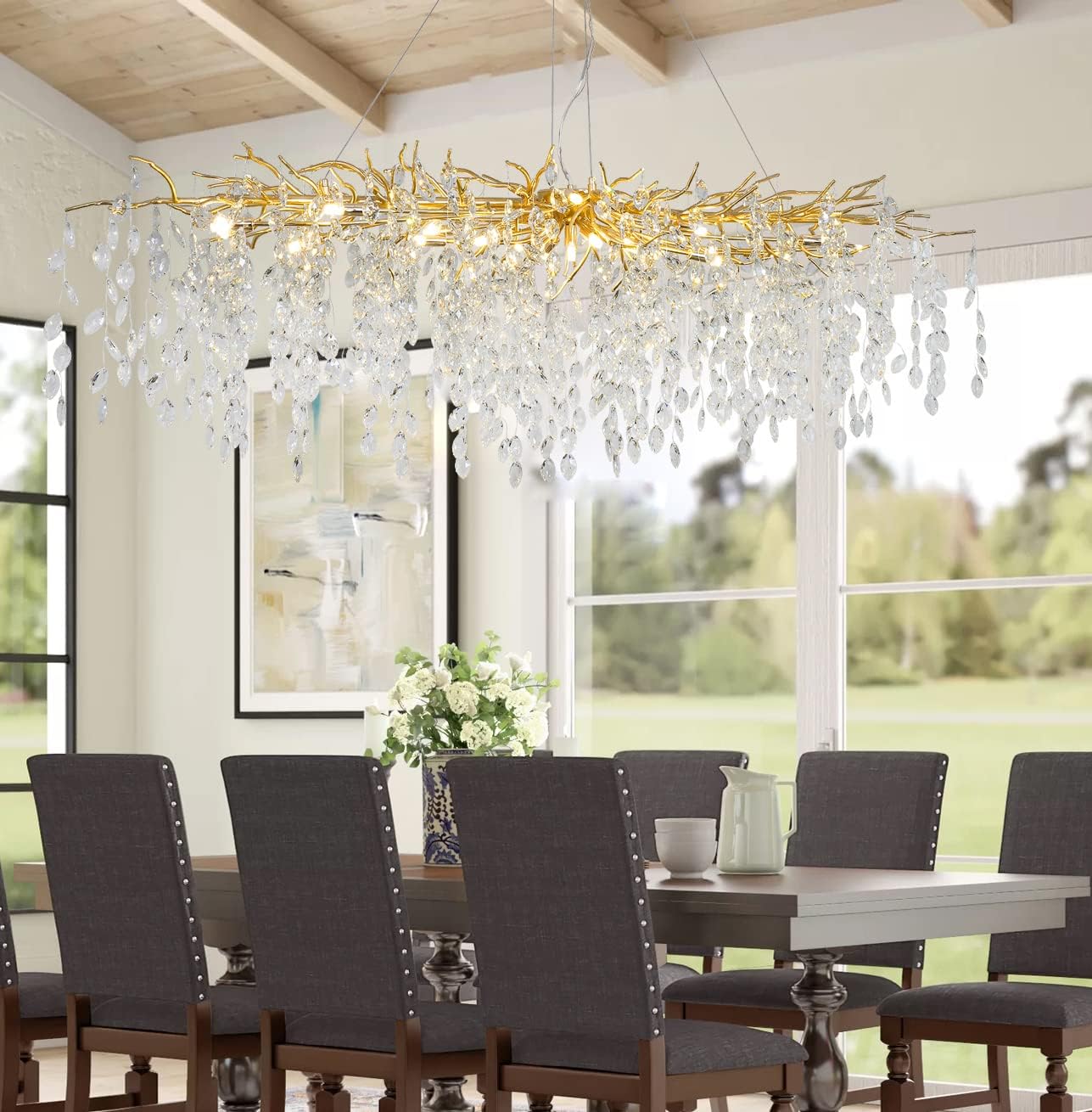 Meerosee Gold Crystal Chandelier Modern Pendant High Ceiling Luxury Foyer Entryway Lamp