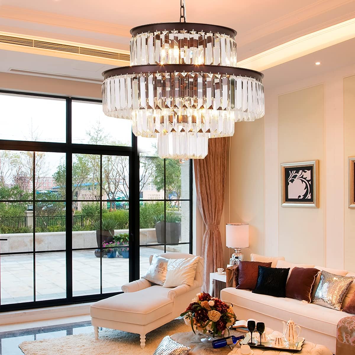 Meerosee Modern Crystal Chandeliers Black Round Pendant Ceiling Lamp